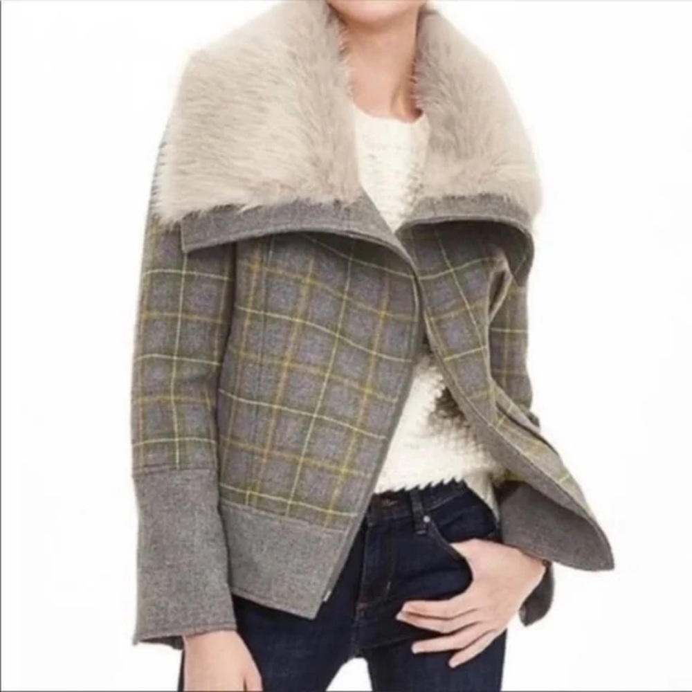Banana Republic Wool Jacket Glen Plaid Fur Collar Moto Style